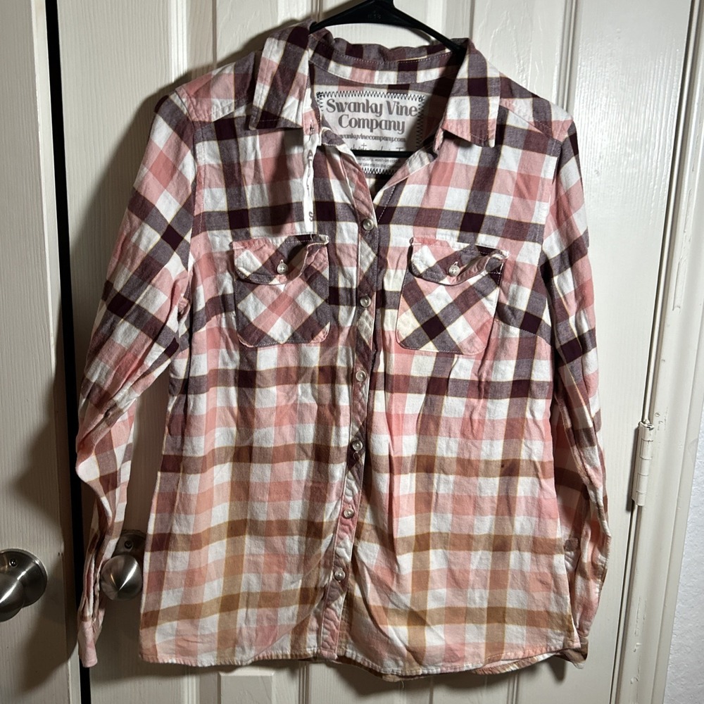 Womens S Cowboy Flannel Long Sleeve Button Up Shirt Swanky Vine Pink/Red